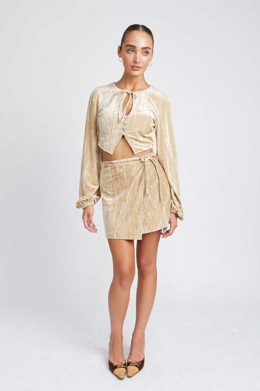 Velvet Whirl Mini Wrap Skirt