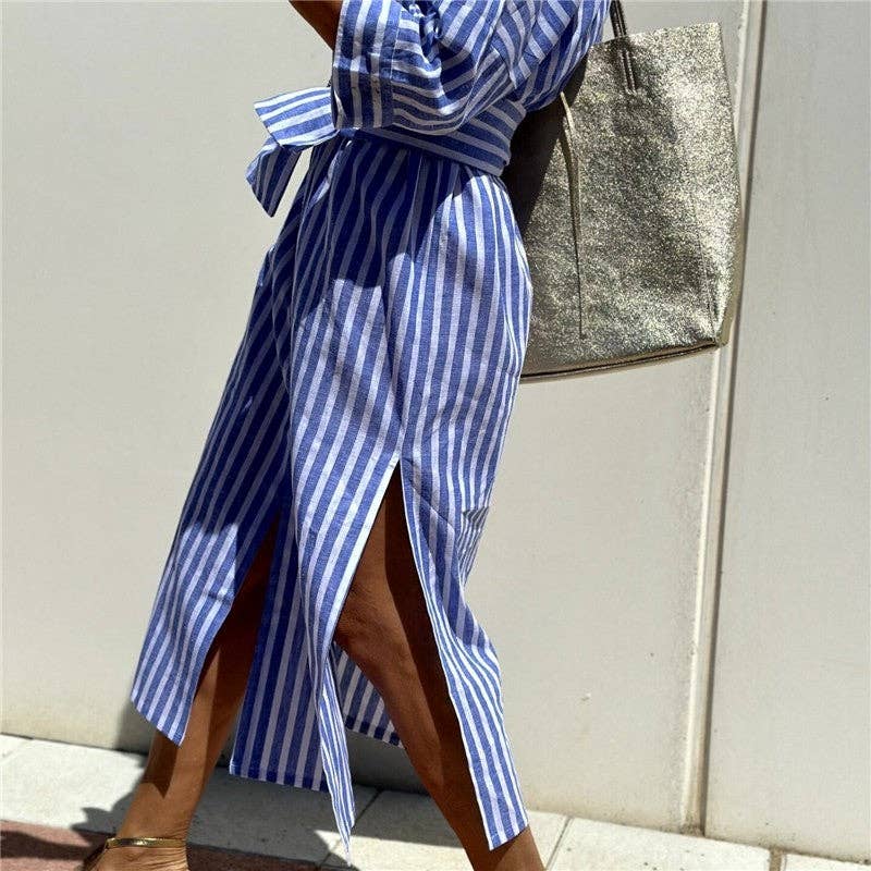 Striped Shirt Dress With Lapel And Short Sleeves: Brown / M
