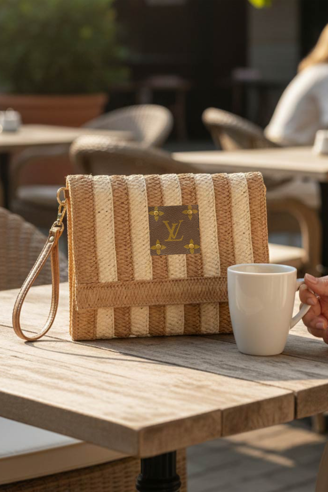 Upcycled Striped Straw Clutch Wristlet Crossbody: Blue