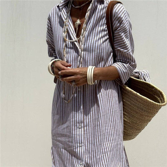 Striped Shirt Dress With Lapel And Short Sleeves: Brown / L