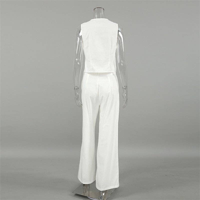 White Linen Blend Sleeveless Blazer And Trousers Set: WHITE / L
