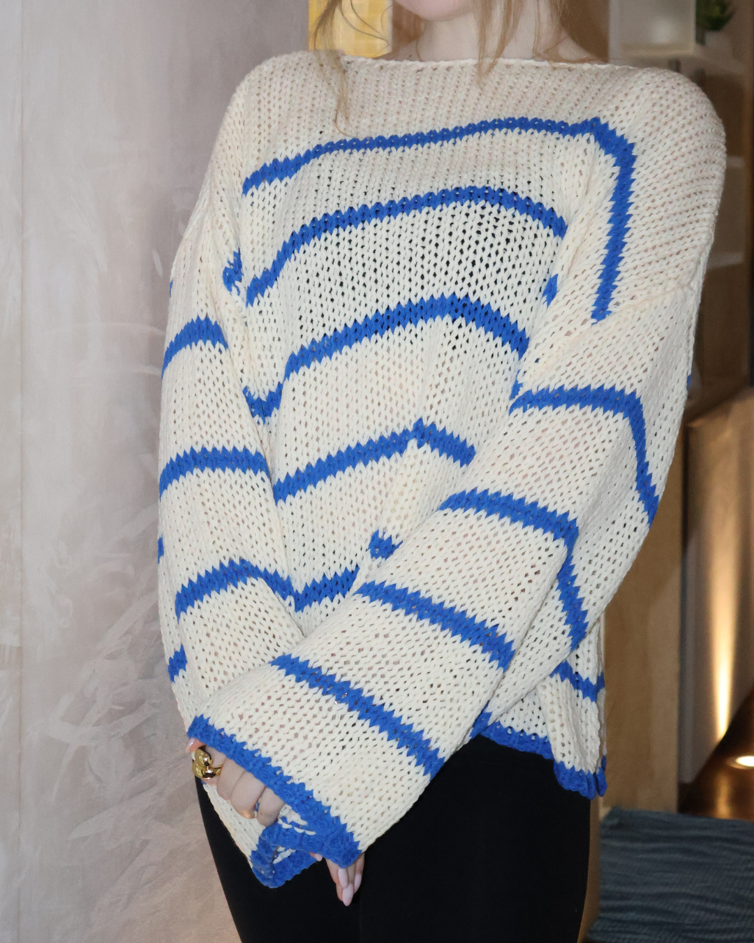 Nautical Striped Open Knit Slouchy Sweater