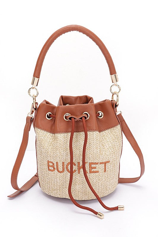 Top Handle Faux Straw Bucket Bag