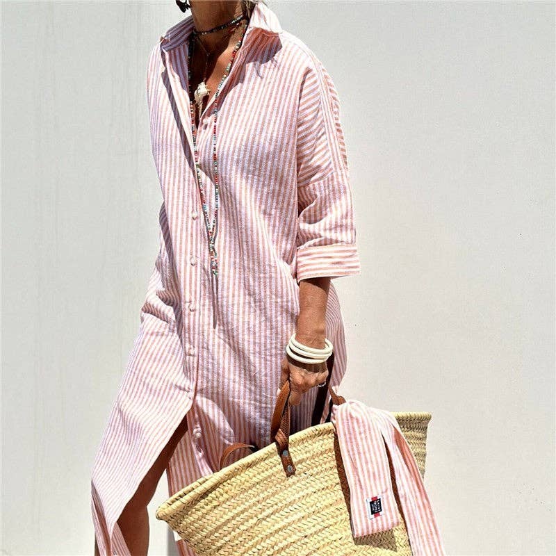 Striped Shirt Dress With Lapel And Short Sleeves: CANDY PINK / M