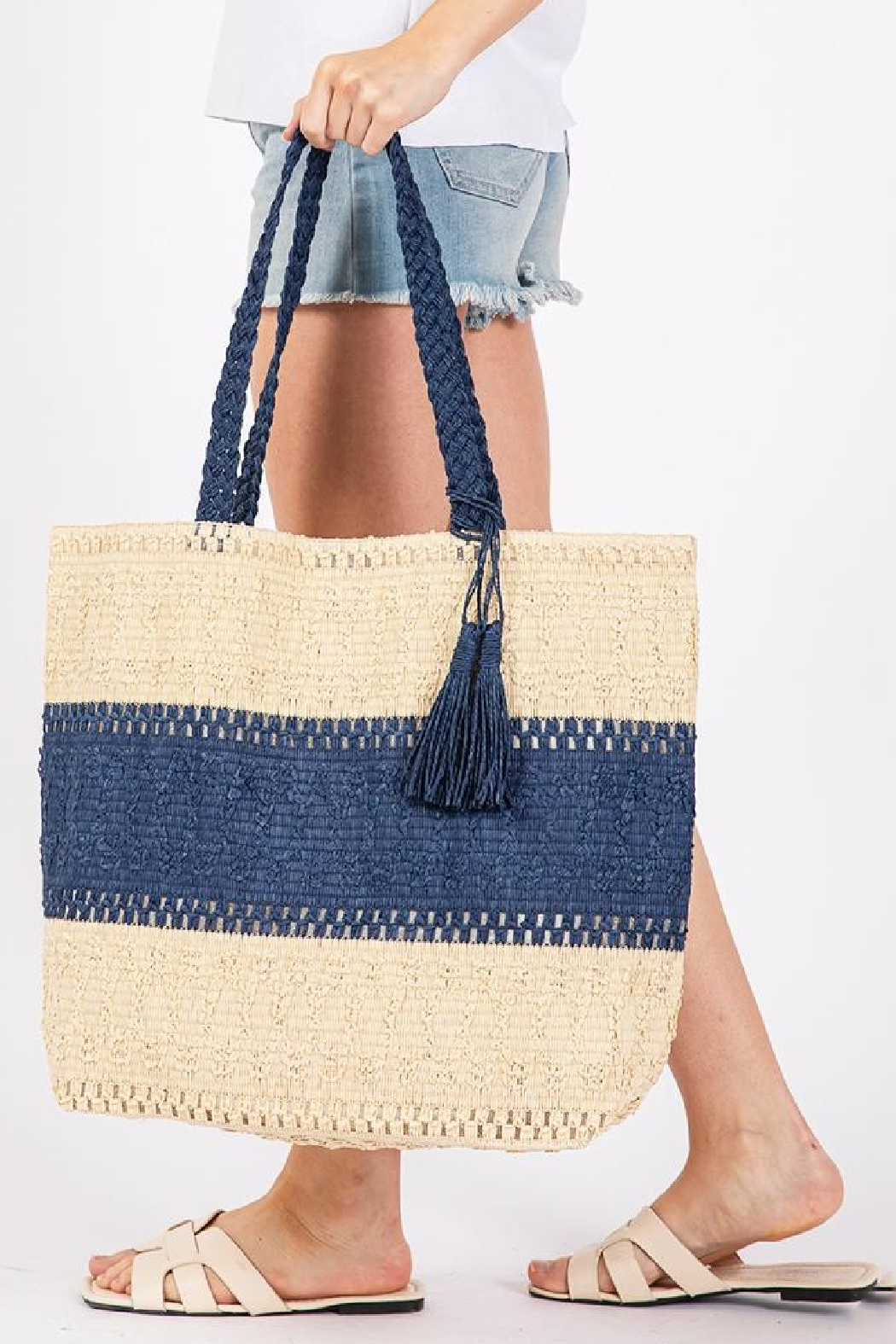 Color Block Straw Tote Bag: Blue