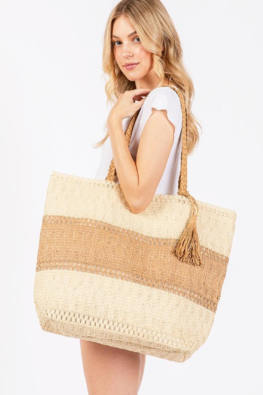 Color Block Straw Tote Bag: Beige