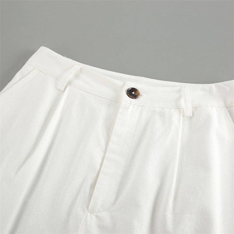 White Linen Blend Sleeveless Blazer And Trousers Set: WHITE / L