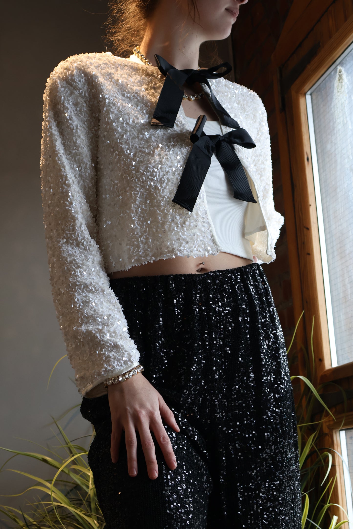 Ribbon Tie Front Sequin Jacket