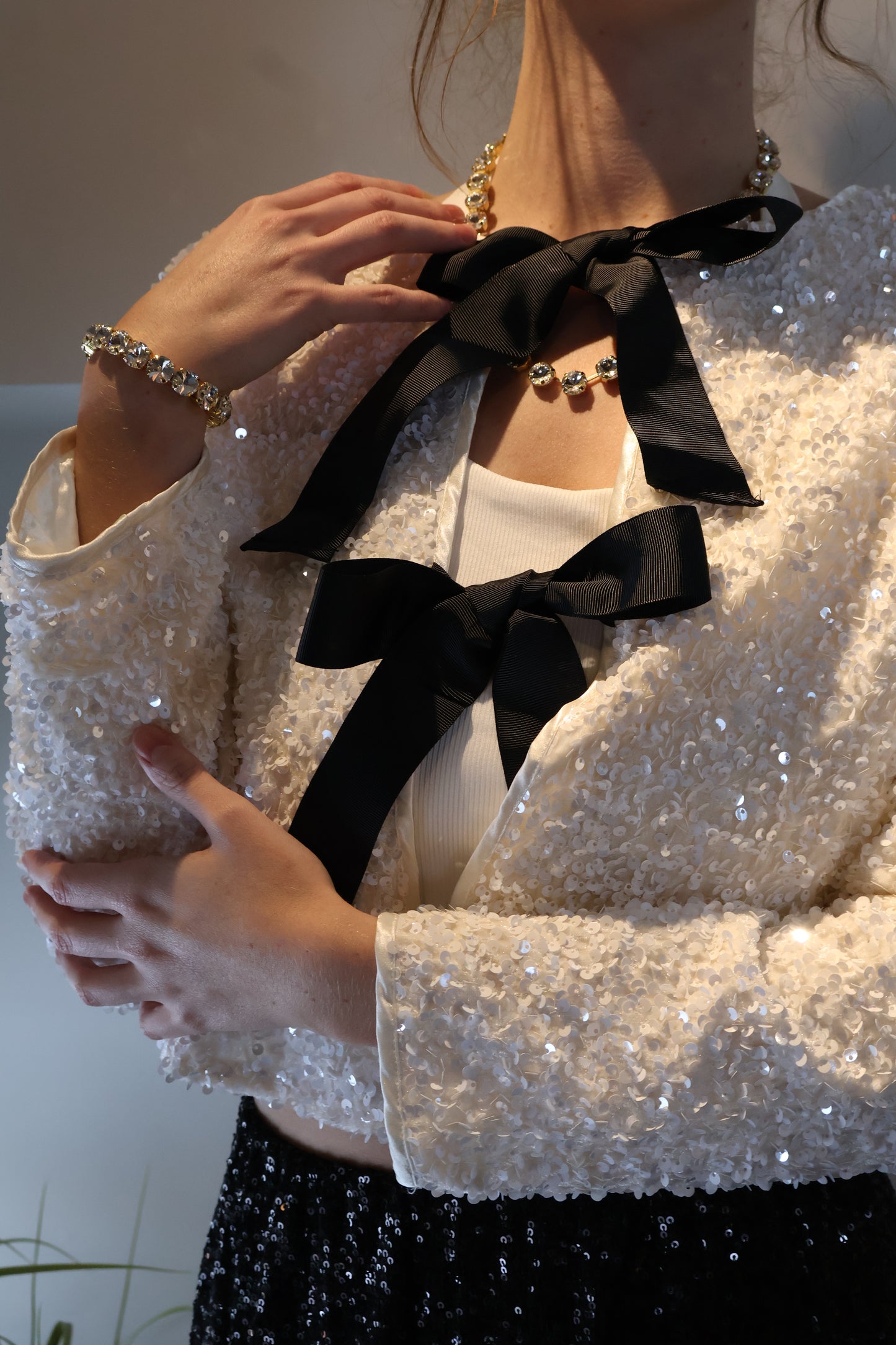 Ribbon Tie Front Sequin Jacket