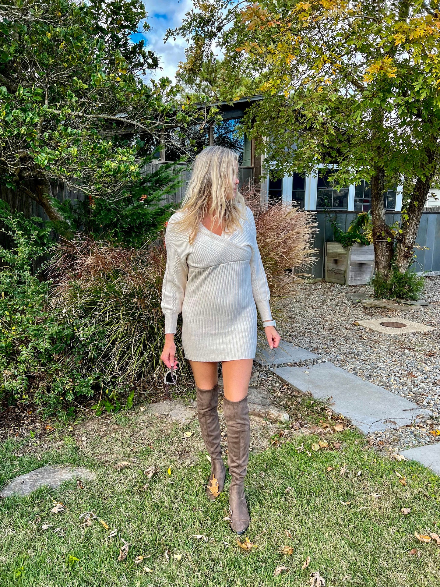 Cross Front Sweater Dress in Taupe