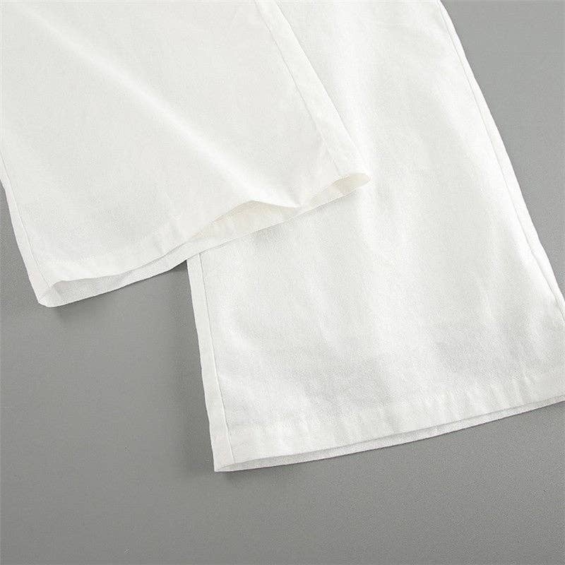 White Linen Blend Sleeveless Blazer And Trousers Set: WHITE / L