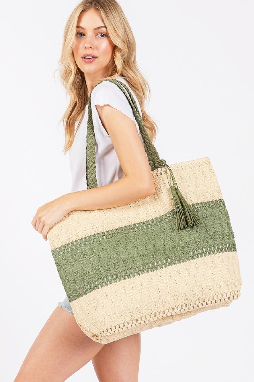 Color Block Straw Tote Bag: Moss green