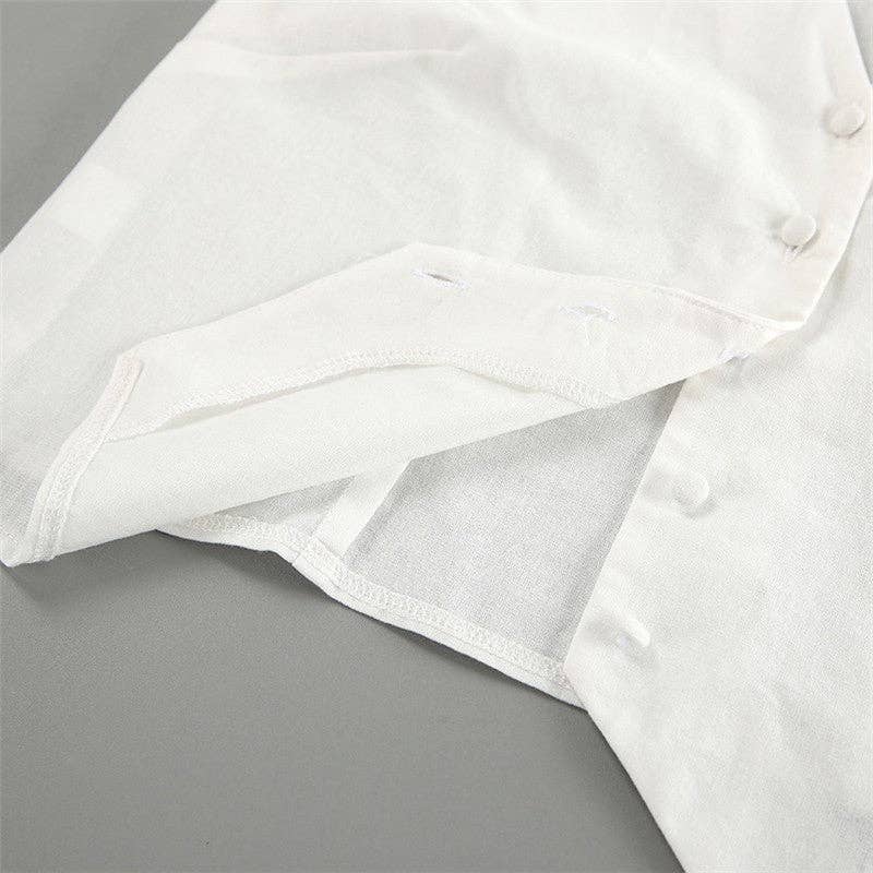 White Linen Blend Sleeveless Blazer And Trousers Set: WHITE / L