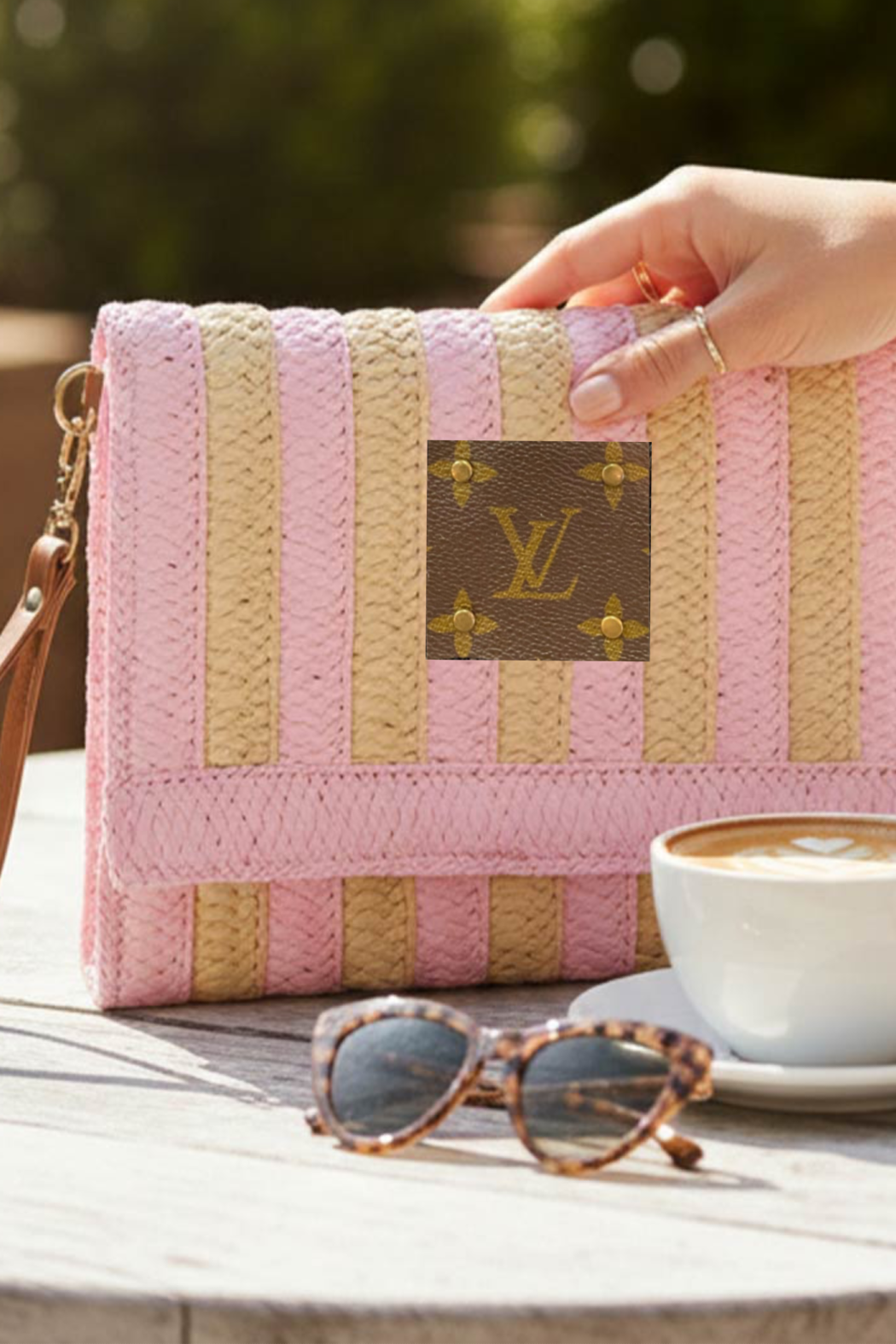 Upcycled Striped Straw Clutch Wristlet Crossbody: Pink