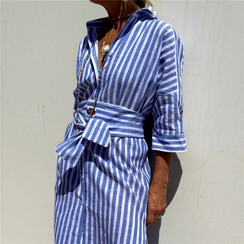 Striped Shirt Dress With Lapel And Short Sleeves: Brown / M