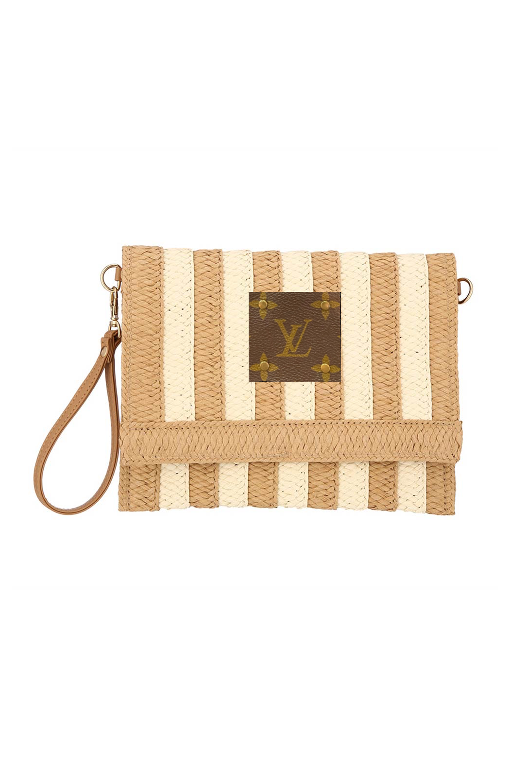 Upcycled Striped Straw Clutch Wristlet Crossbody: Moss green