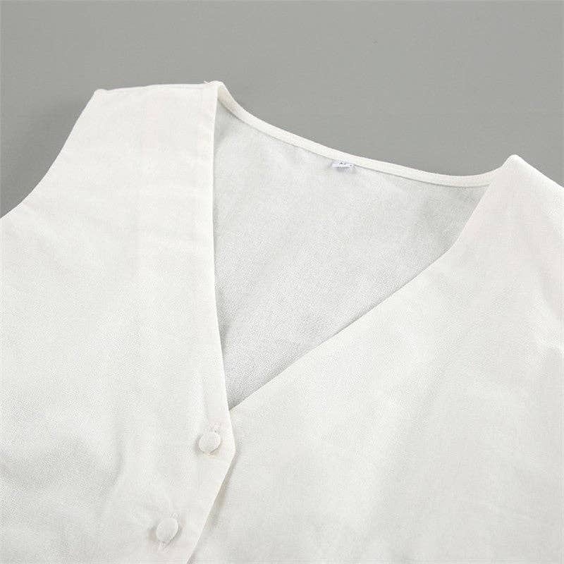 White Linen Blend Sleeveless Blazer And Trousers Set: WHITE / L